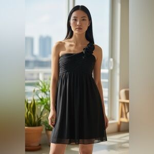 LBD: Short Flowy Chiffon One-Shoulder Formal W/ Ruching & Satin Rosette Accent
